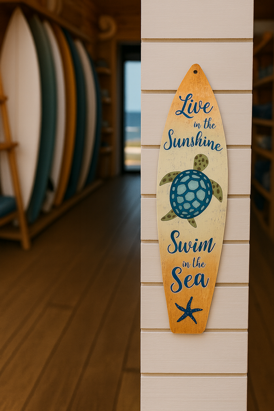 8” x 2” Metal Surfboard Magnet – “Live in the Sunshine”🐢🌞 🌊⭐