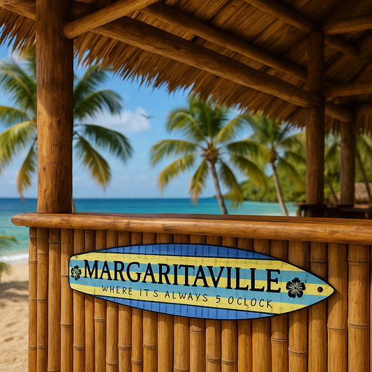 17" x 4.5" Margaritaville Metal Surfboard Sign – “Where It’s Always 5:00” 🏄‍♂️🍹🌴🌊